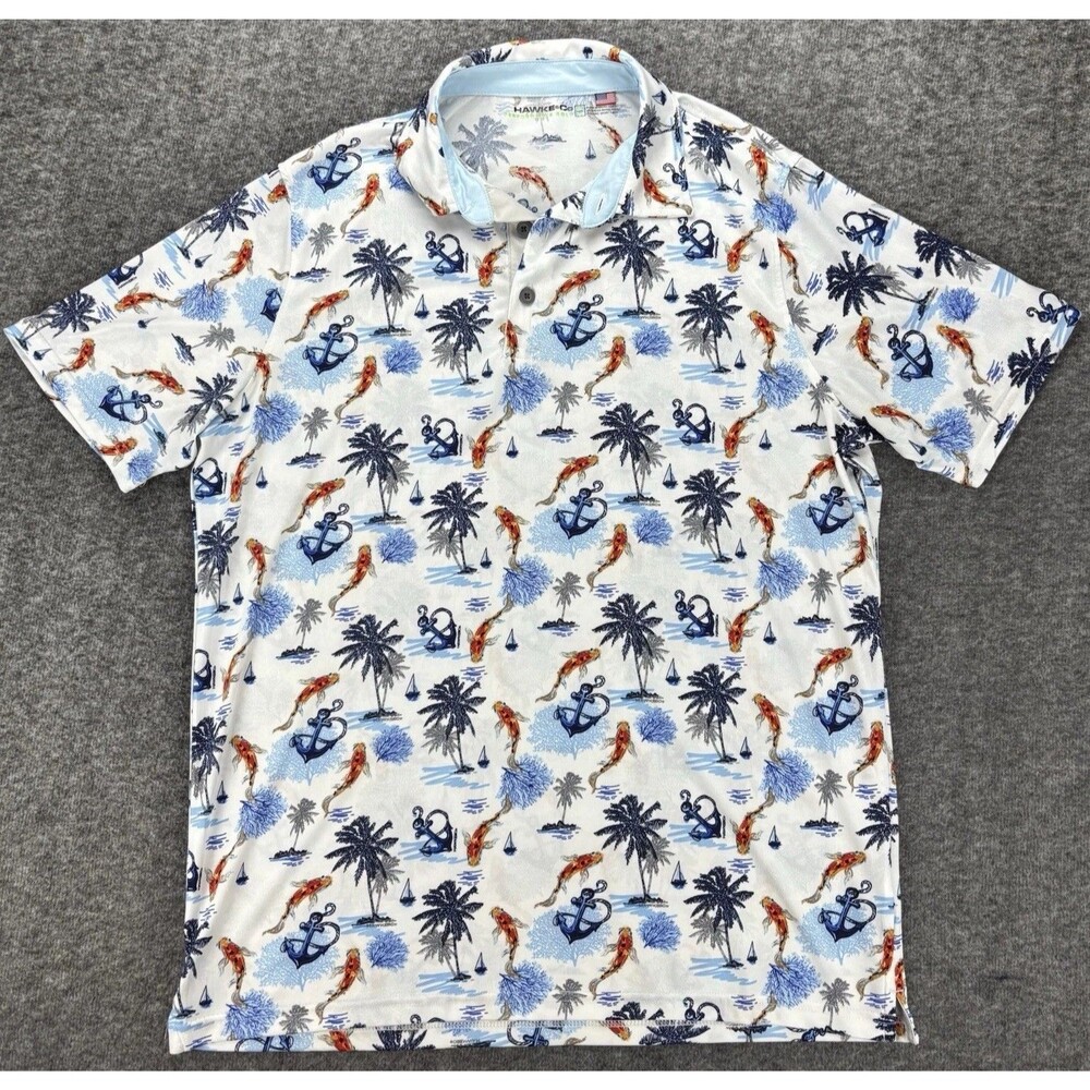 Hawke & Co Performance Golf Polo Mens M Fish Tropical Hawaiian Nautical Shirt